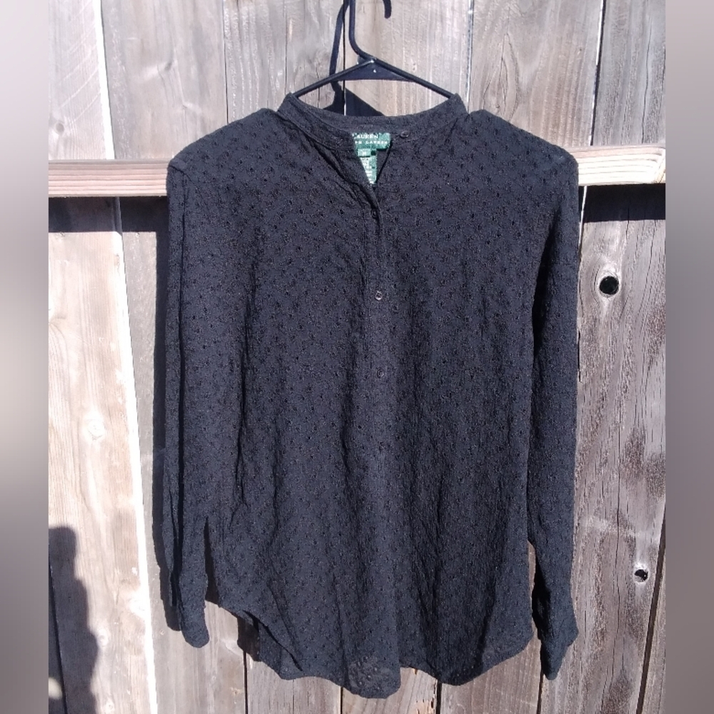 Lauren Ralph Lauren Blouse Eyelet Top Womens Med Long Sleeve Shirt Cotton Vintag